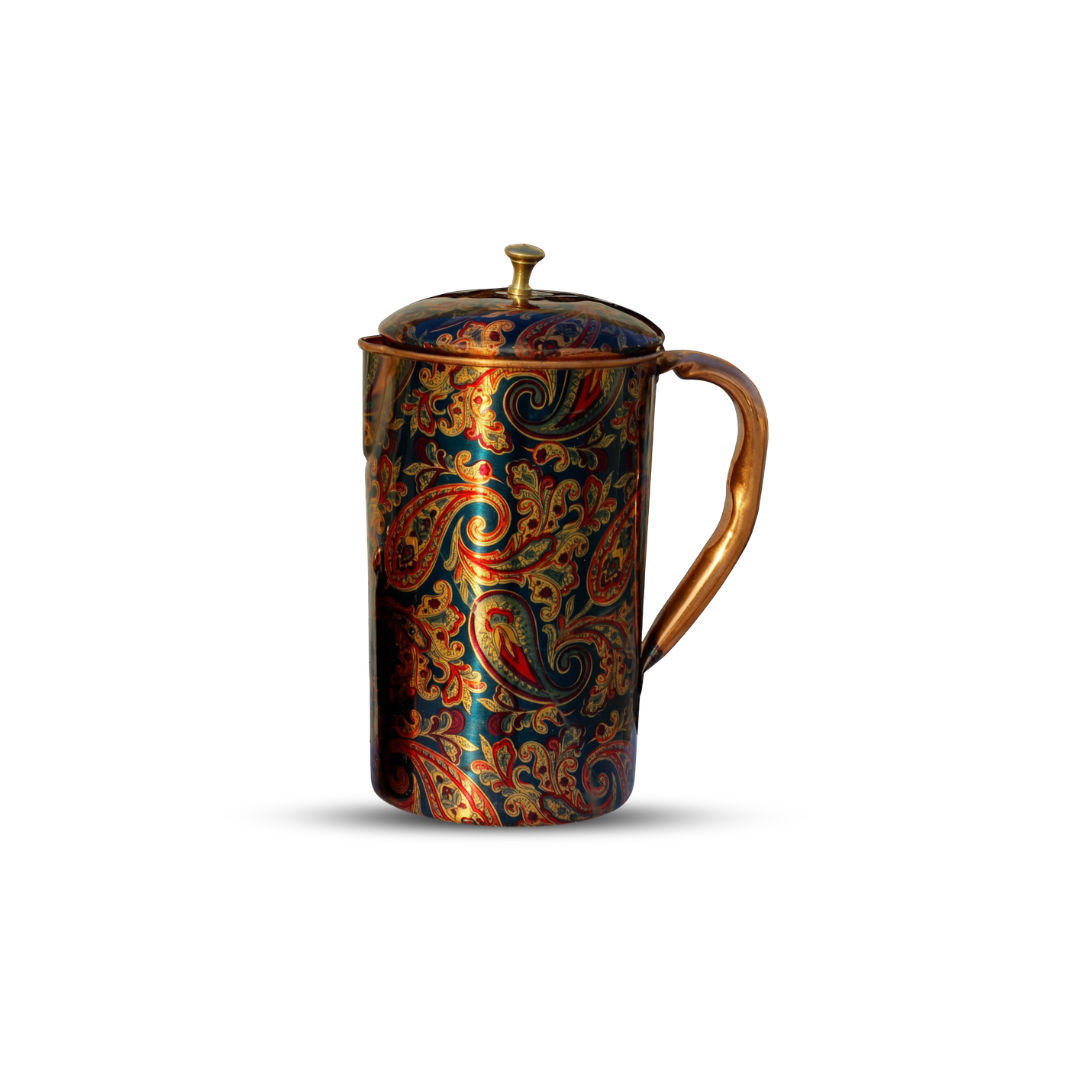 Pure copper paisley printed design jug with brass knob on lid medallion, 1500 ML